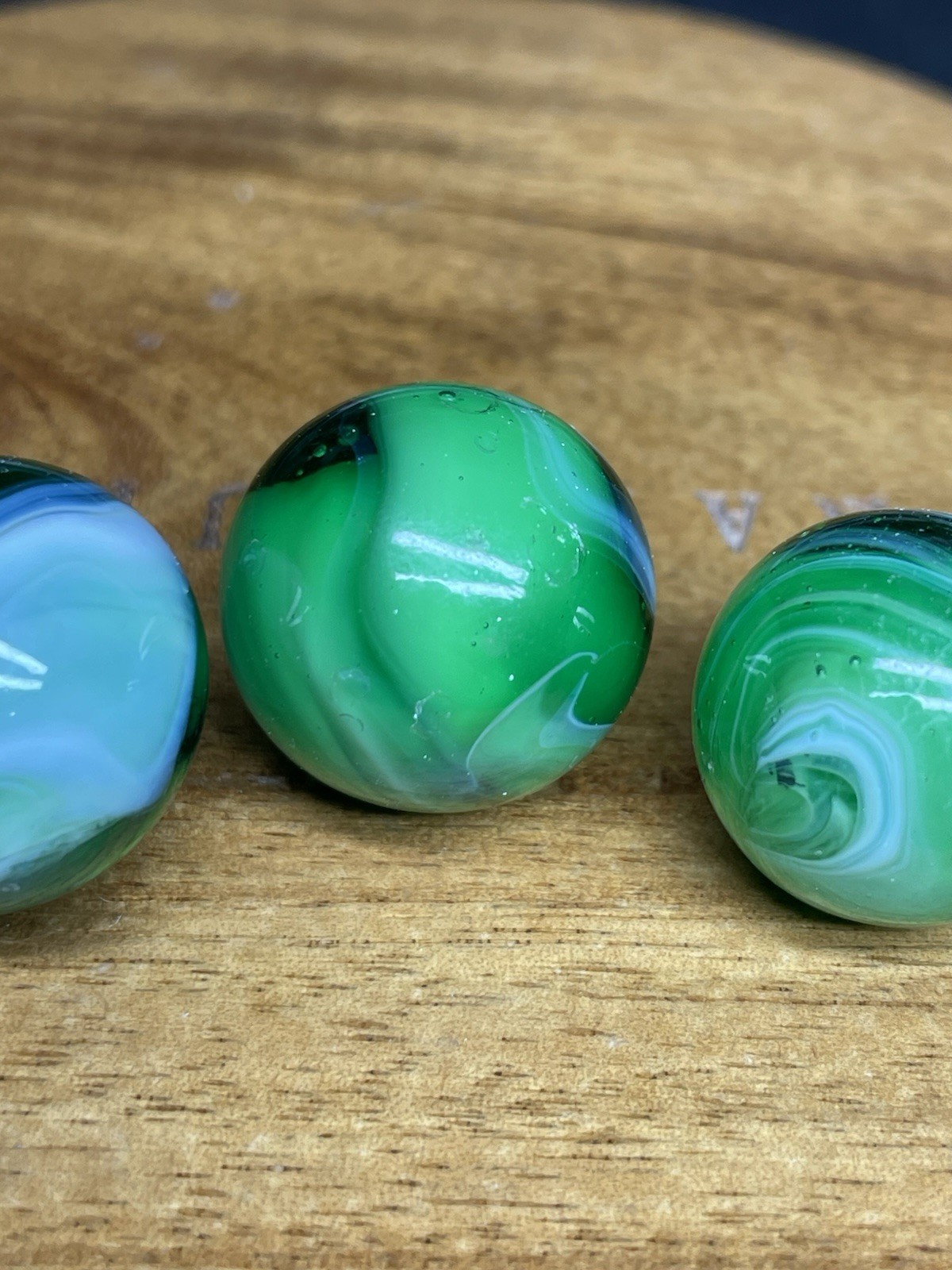 Cool Akro Agate Slag Lot Of 3 Green And White Marbles