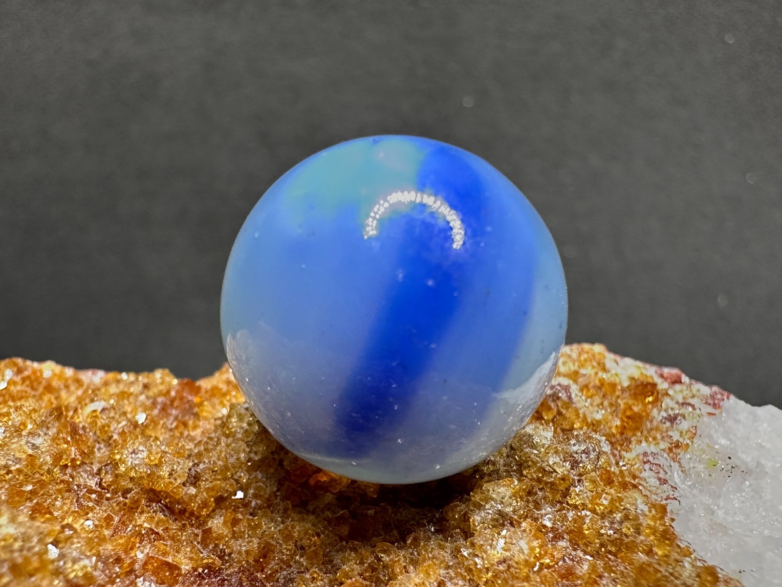 Vintage Peltier Glass NLR SEMI-TRANSPARENT Rainbo Marble – Blue & White – .68″