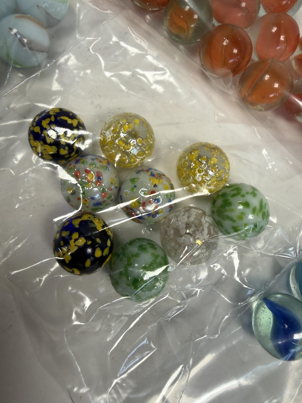 Vintage Mixed Glass Marbles Lot Cat Eye Swirl Confetti Multi Green Orange Blue