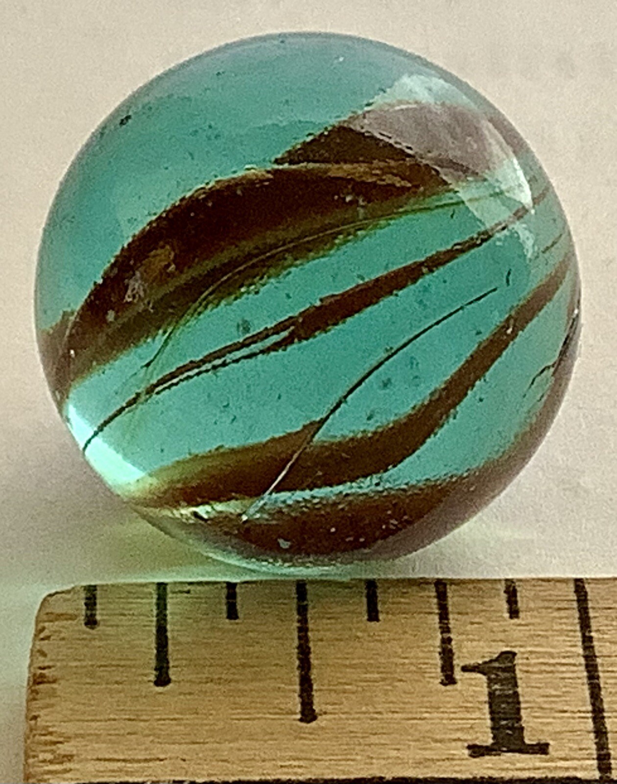 Vintage Estate Large 6 Vein Rust Red Color In Aqua Glass Shooter 1” Marble
