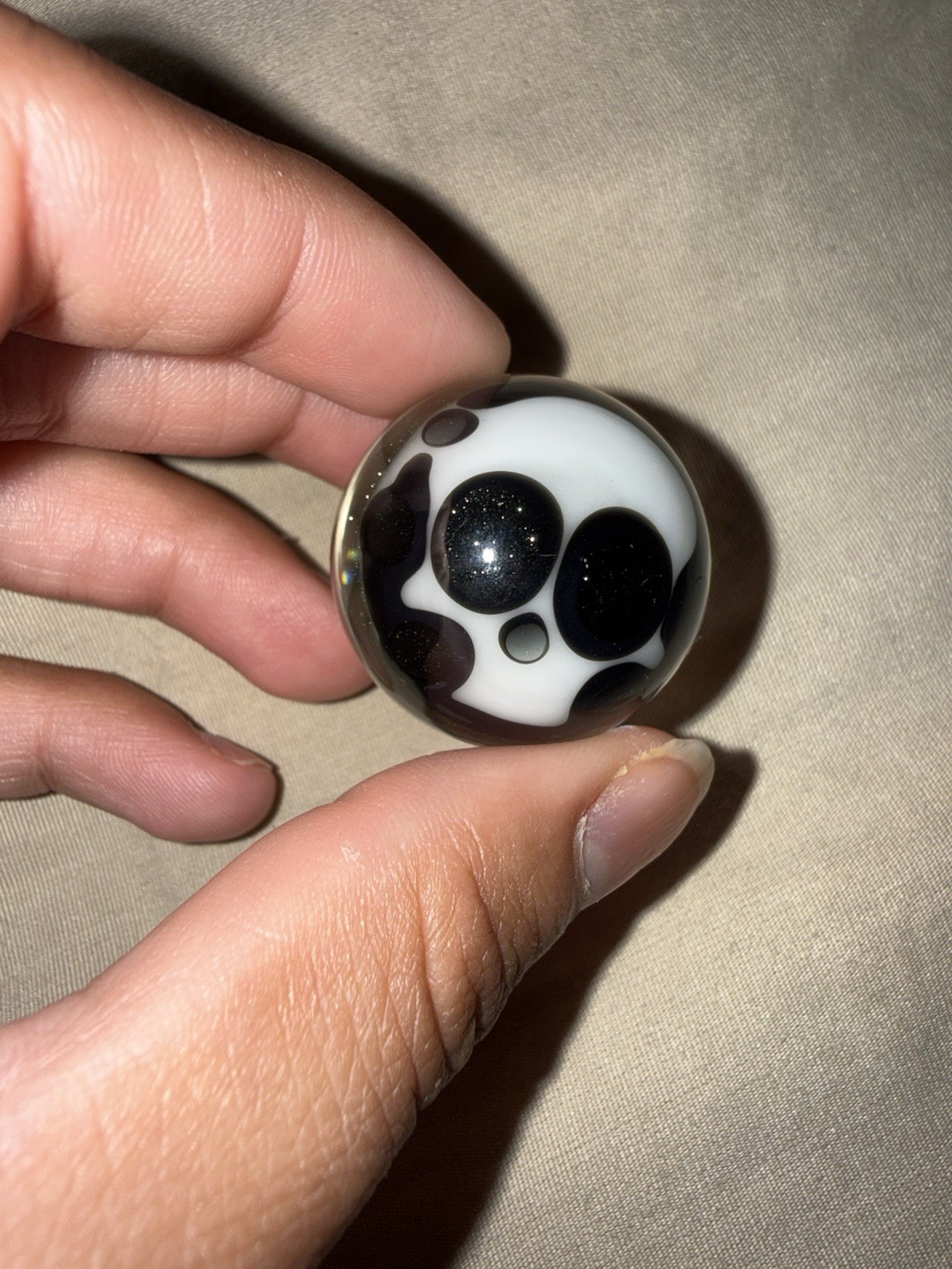 Large Glass Swirl Shooter Marble Clear Black White Orange Spot Design