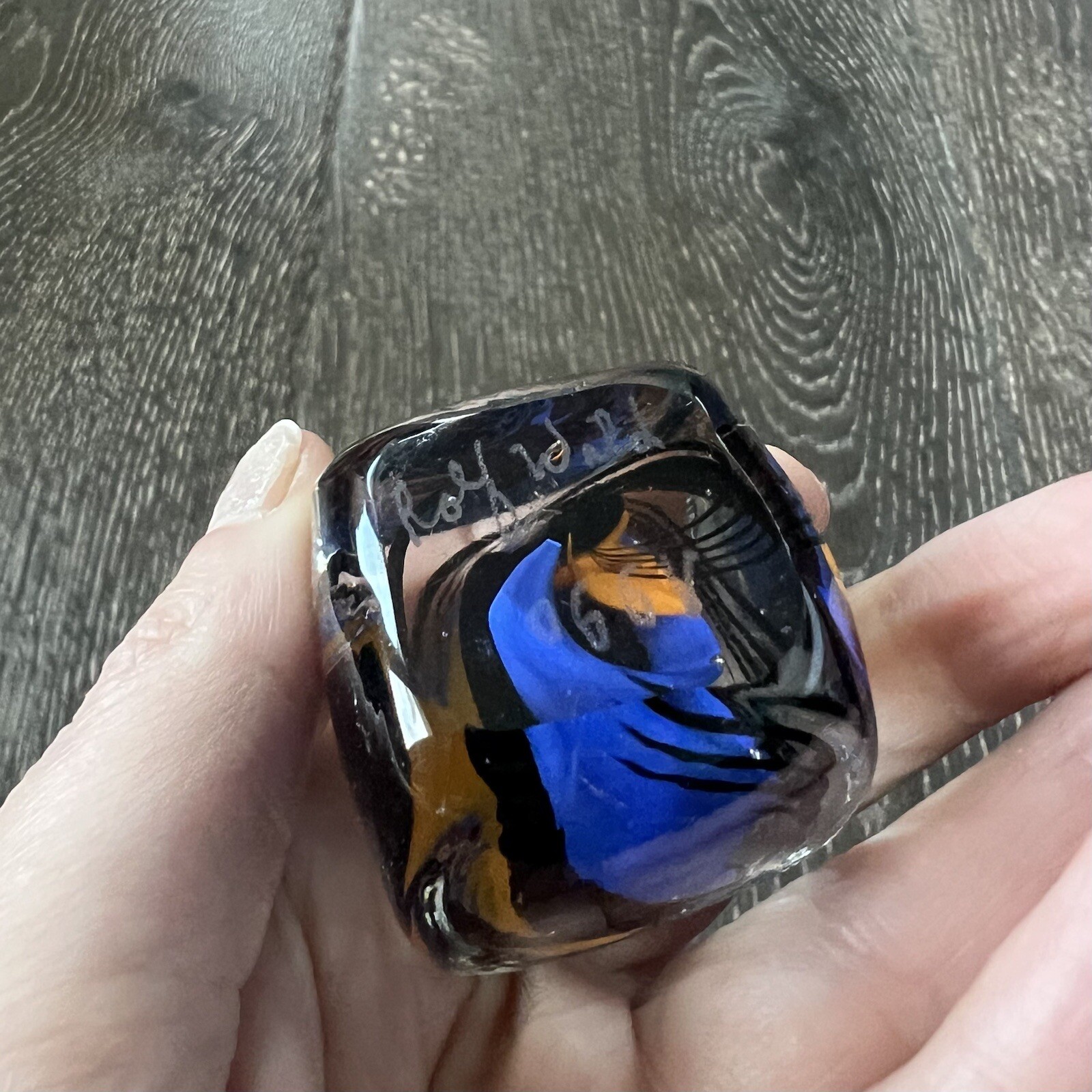 RARE SQUARE Shooter Rolf Wald Art Glass Cube Dice Blue Black & Orange Signed 90s