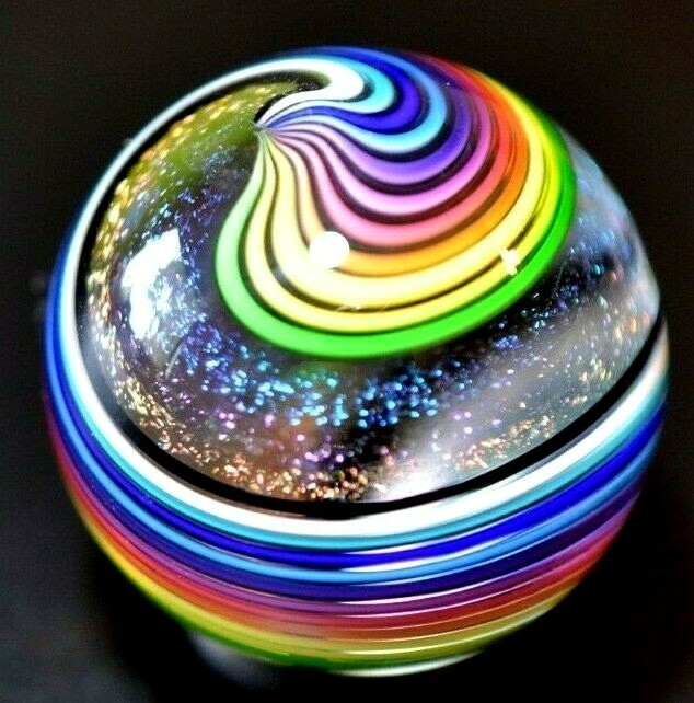 JAMES ALLOWAY GLASS MARBLE/1.238″-RAINBOW DICHROIC 1/2 SWIRL # 3130-SUPER FAST