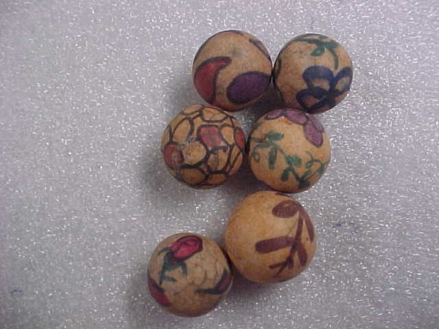 Group of 6 Hand painted Clay Marbles 11/16 to 3/4 in.Beautiful-Hard to find