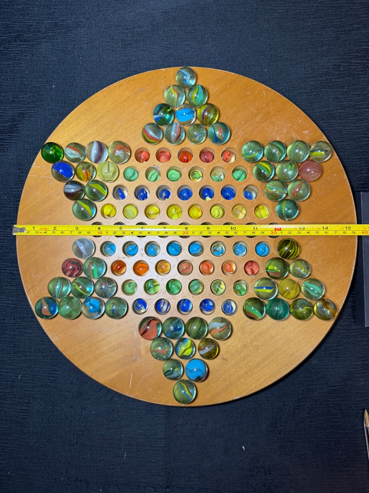 Gnt 15” Vintage Chinese Checker Board Filled w/121 Catseye Marbles 60-1” Shooter