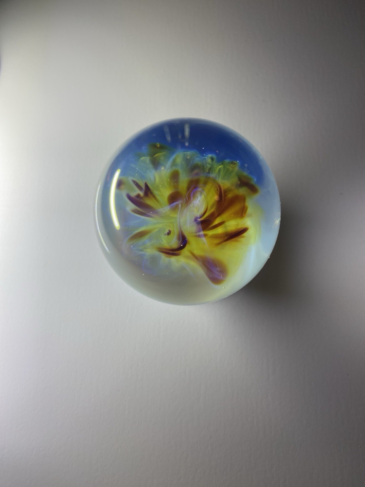 Handmade Art Glass Shooter Marble Sphere, Yellow Purple Swirl Flower Design