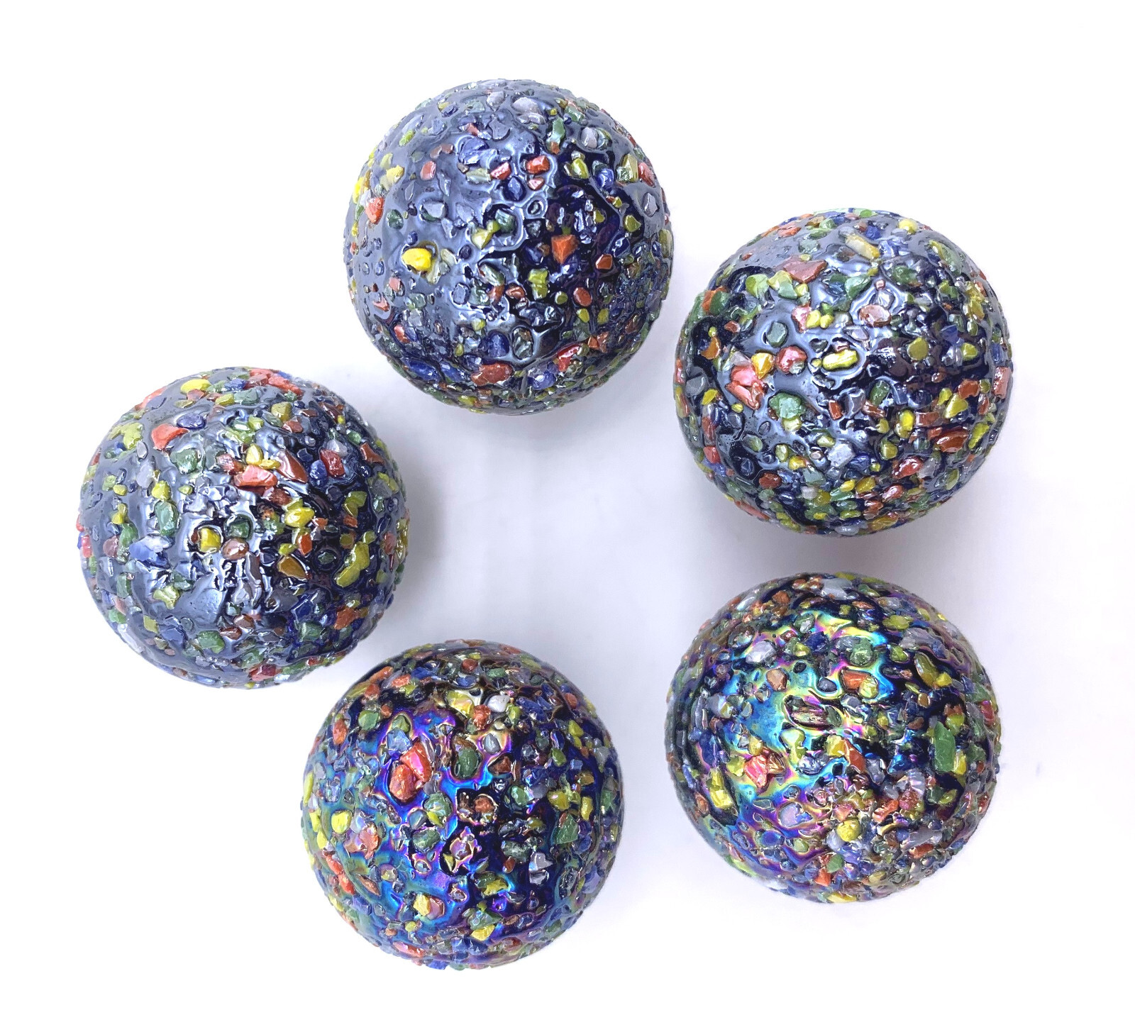 Pack 5 25mm Glitterbomb Glass Marble Shooters Iridescent w Lots of Rainbow Frit