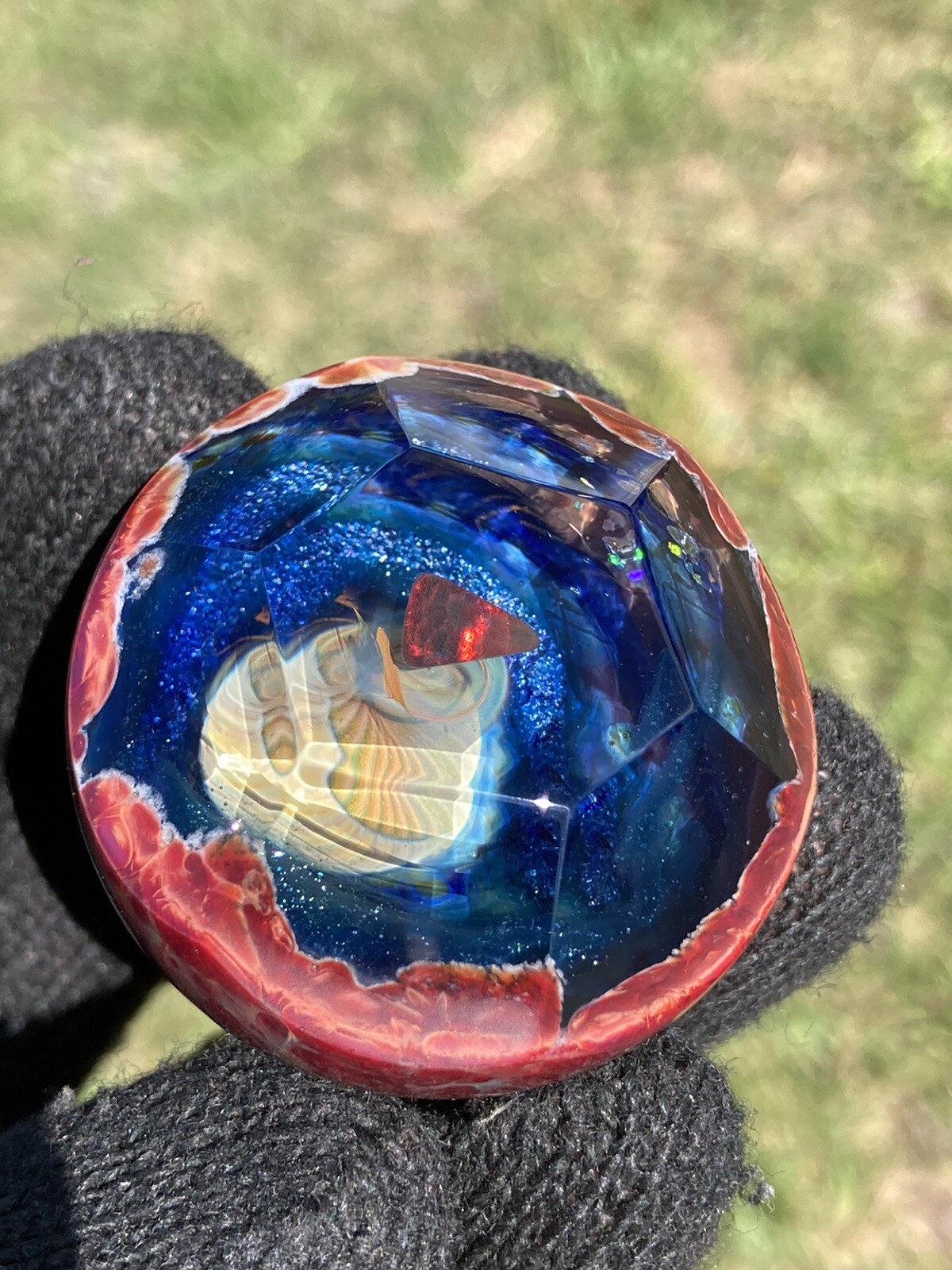 Glass Boro Marble 41mm W/ Opal Stone Hand Made Art Faceted ￼space Sculpture