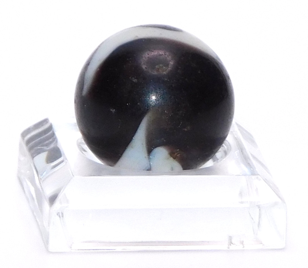Vintage Glass Marble Near Opaque Black White Corkscrew? UV Reactive 0.59″ #U-15