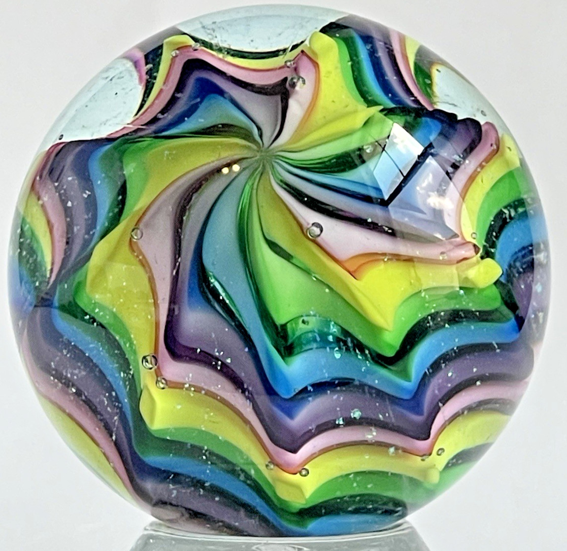 2016 SEESE MARBLE SIGNED GLASS ART 1.57″ DICHROIC LOBED RIPPLE SILVER LUTZ WOWZA