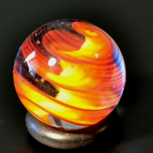 BRYAN TRILLAS GLASS MARBLE/.758″-BLUE BLACKLIGHT FIERY CORKSCREW-GOLDENROD,ORG+