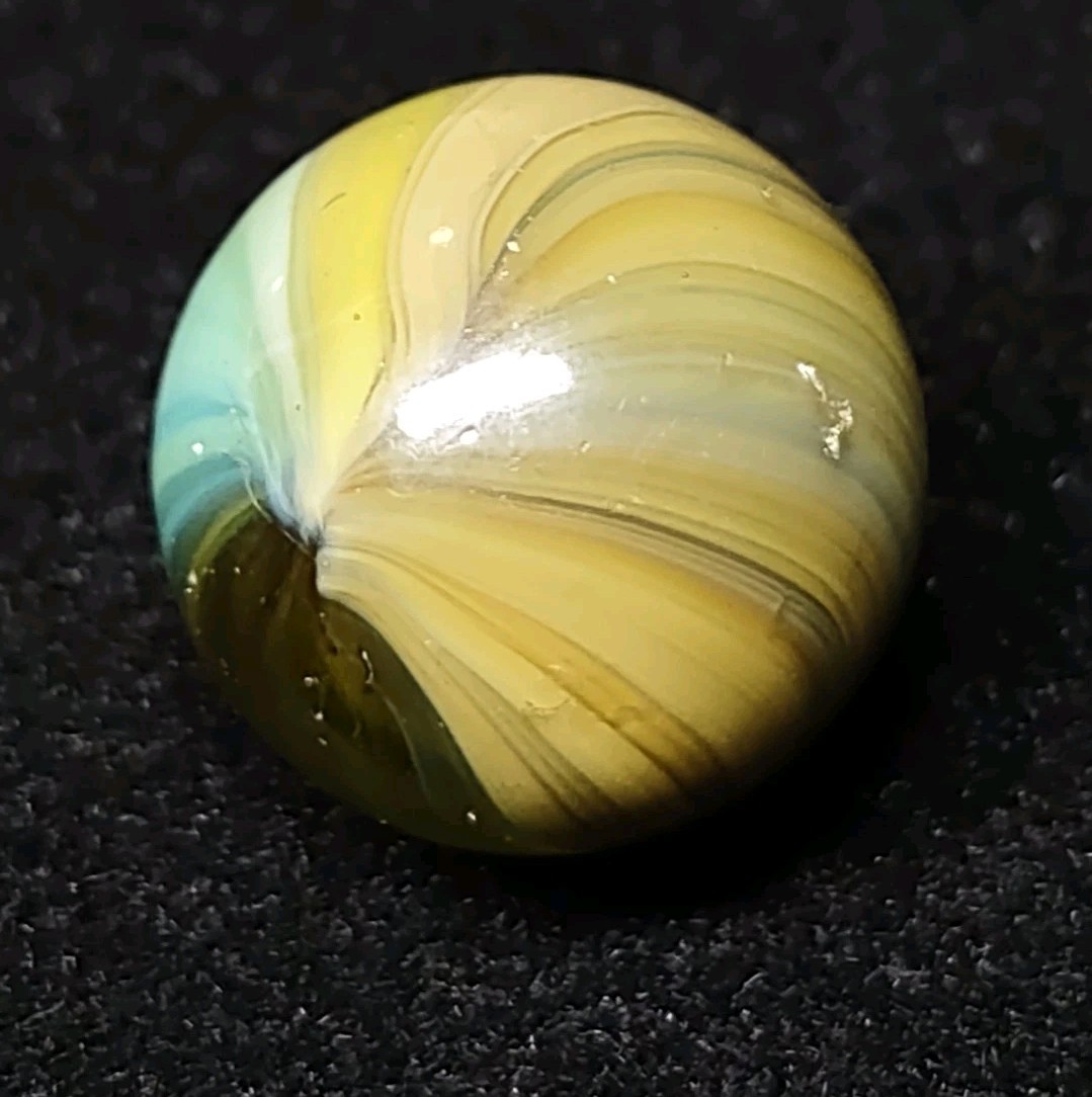 Aqua Teal & Tan Master / Akro / Whisp Glass Toy Vintage Marble NM- .62″