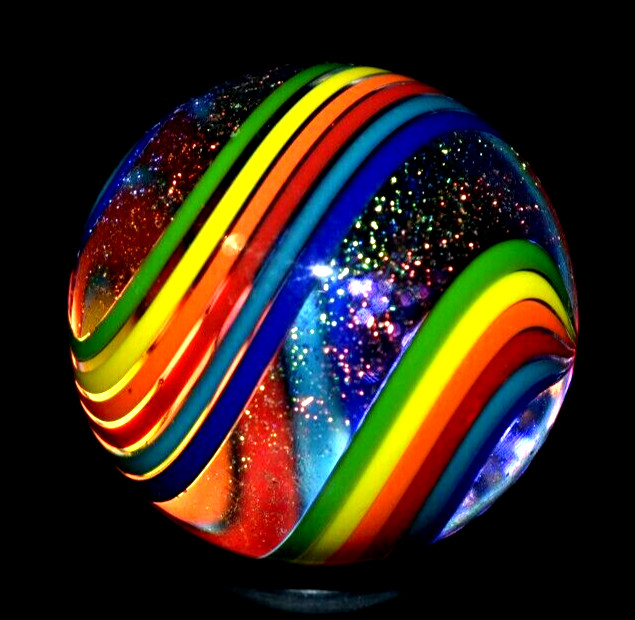 JAMES ALLOWAY GLASS MARBLE/1.236″-DICHROIC DOUBLE SWIRL #3560-LIME,YELLOW,ORANGE