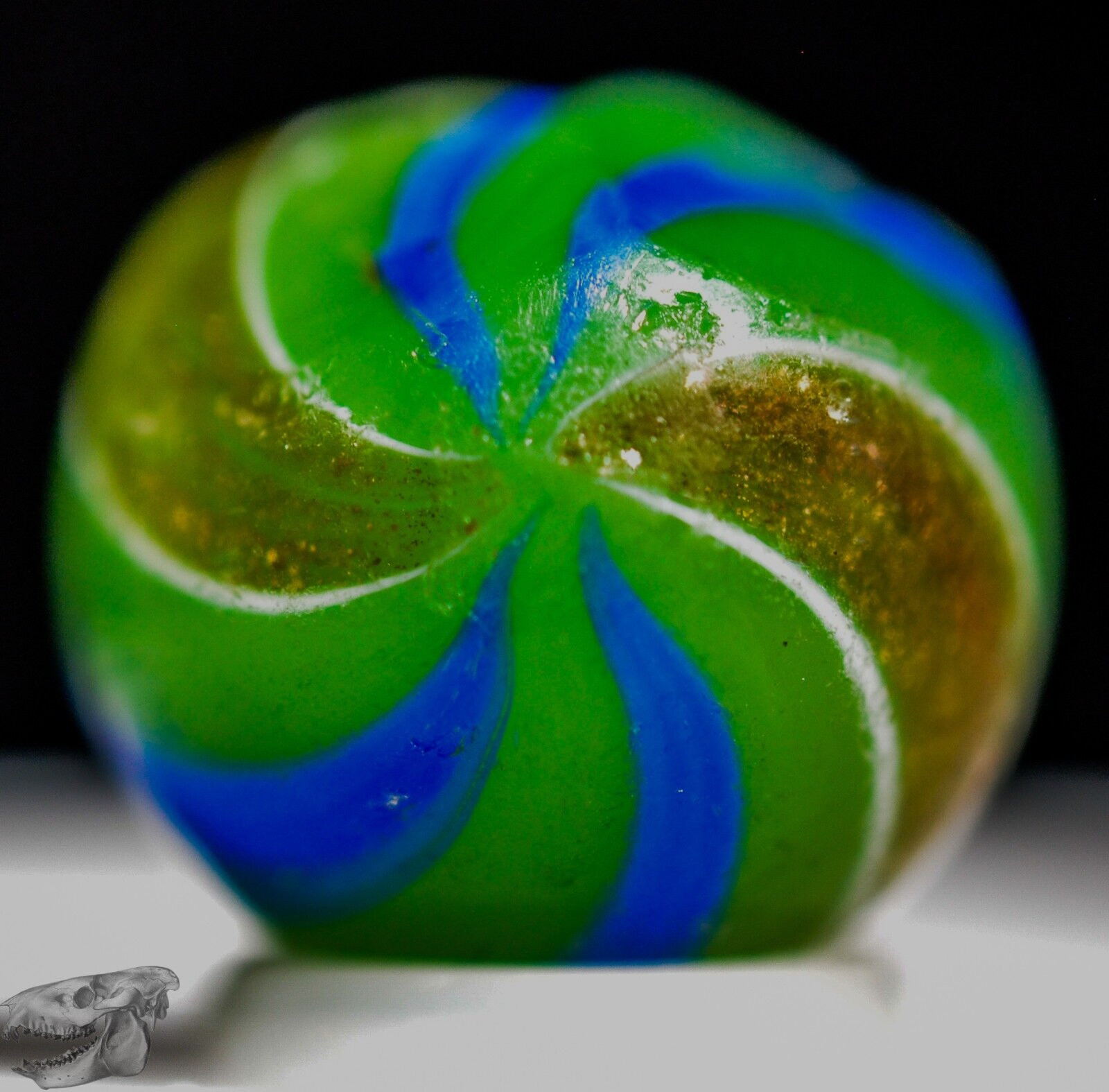 Handmade Banded Lutz Marble, Rare Opaque Green Glass 11/16 in Collectible S1288b