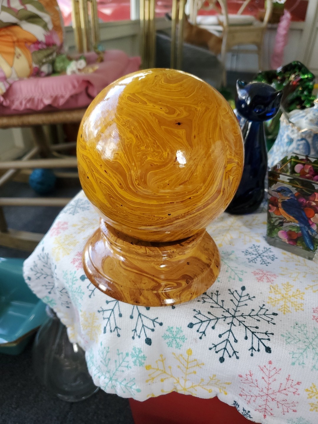 VTG ITALIAN CERAMIC MARBLE SPHERE ON PEDESTAL MADE IN FLORENCE ITALY 6.5″X 4.5″