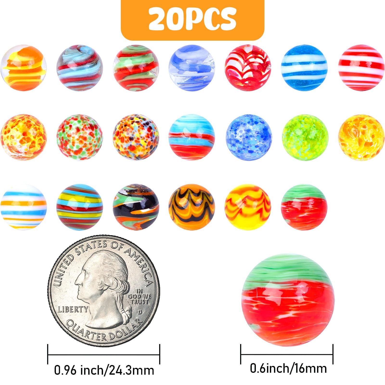 FUTUREPLUSX 20PCS Glass Marbles for Kids, 0.6 Inch Small Colorful Marbles Run A