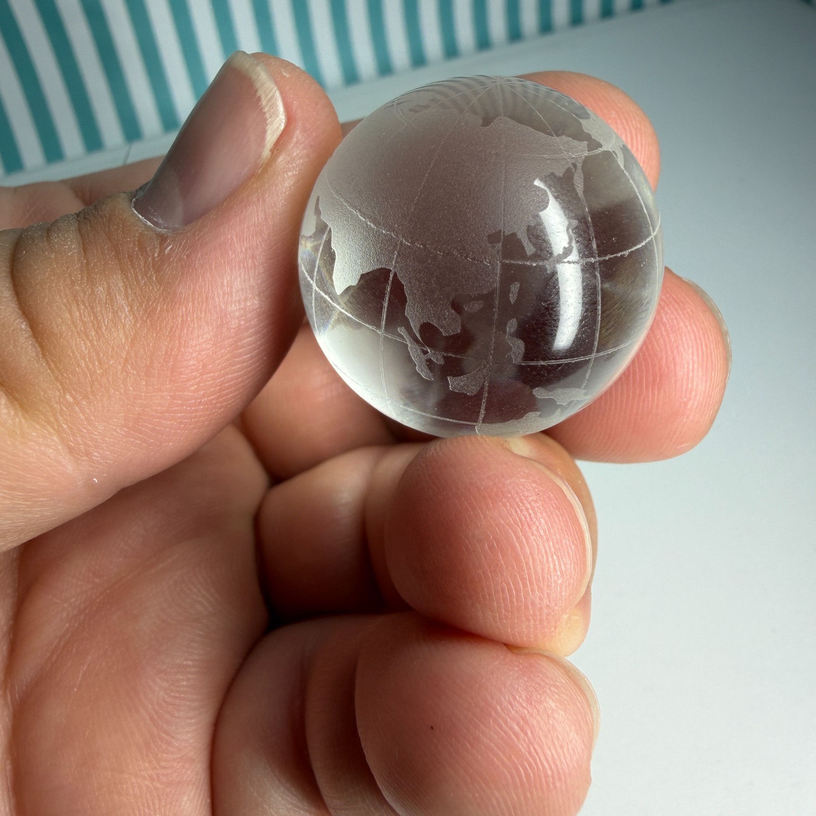 World Map Globe Crystal Sphere Etched Glass Marble 30mm (1.25″) Handmade + Stand