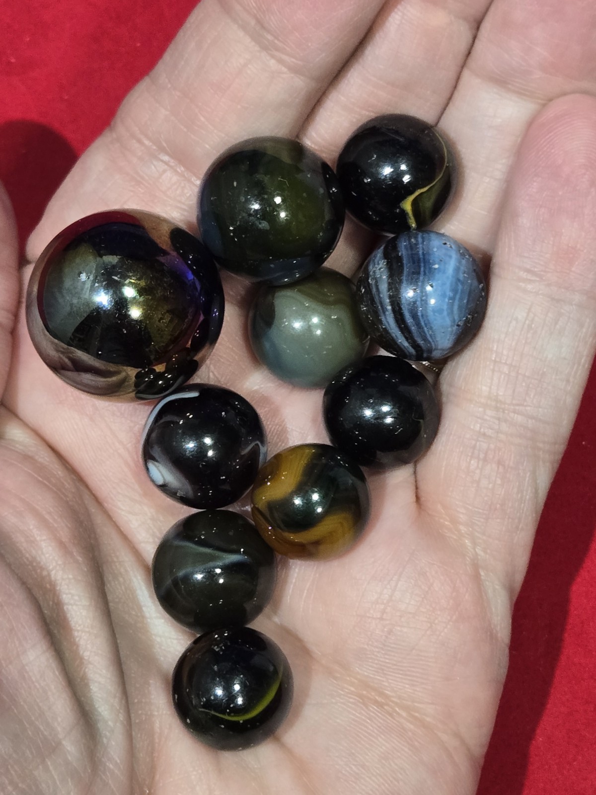 9 Glass Swirl Marbles + 1 Lg Shooter Ball Iridescent Oil Slick Vtg Toy Lot