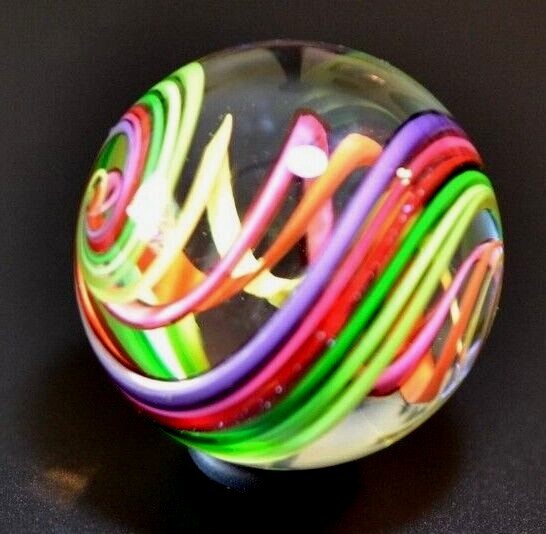 EDDIE SEESE GLASS MARBLE/1.526″-SPRINGTIME CYCLONE-YELLOW,,MAGENTA DICHROIC,ORG+
