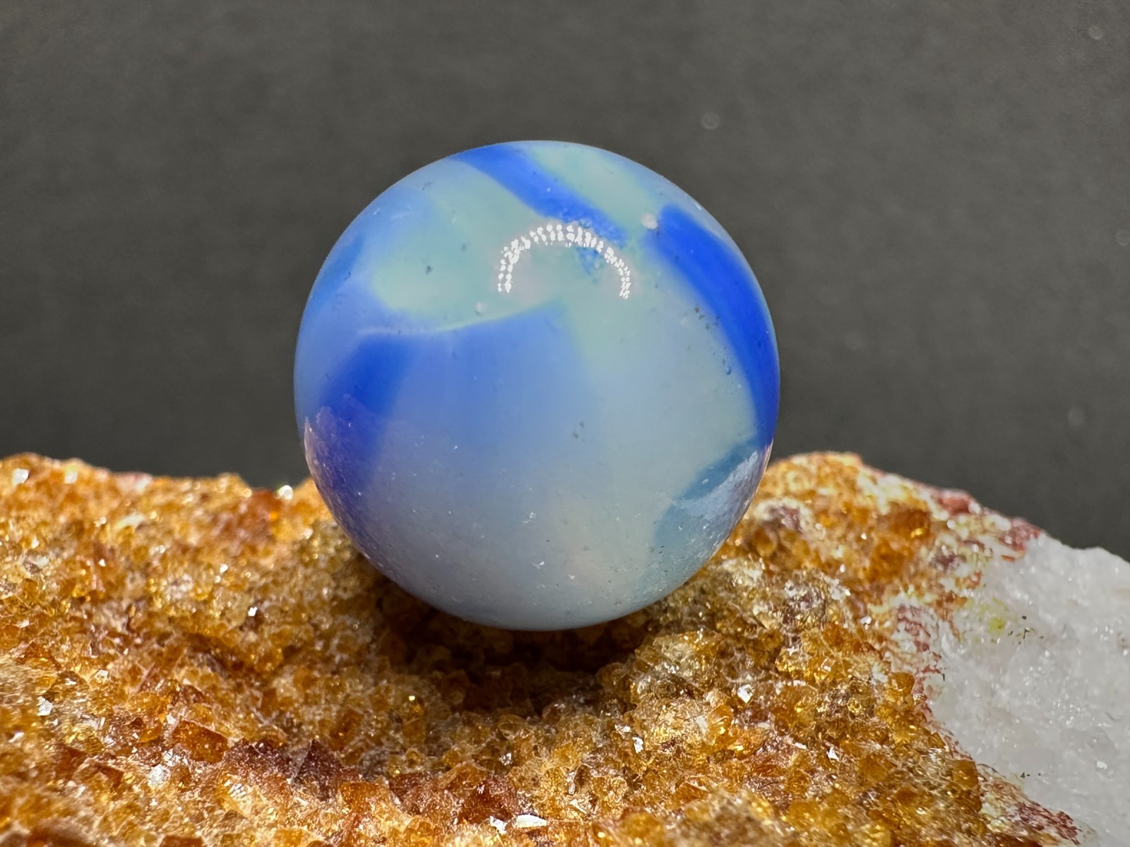 Vintage Peltier Glass NLR SEMI-TRANSPARENT Rainbo Marble – Blue & White – .68″
