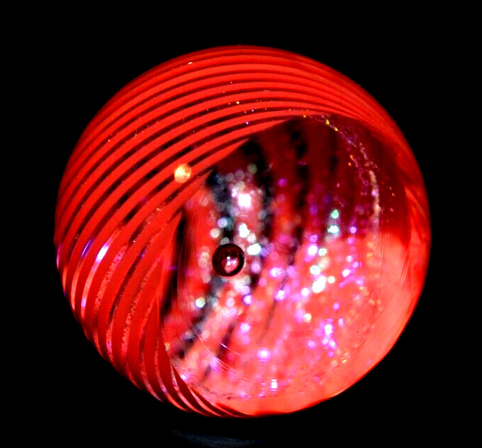 JAMES ALLOWAY GLASS MARBLE/1.372″-DICHROIC RED VORTEX #3528-GRASS,ORANGE,VIOLET+
