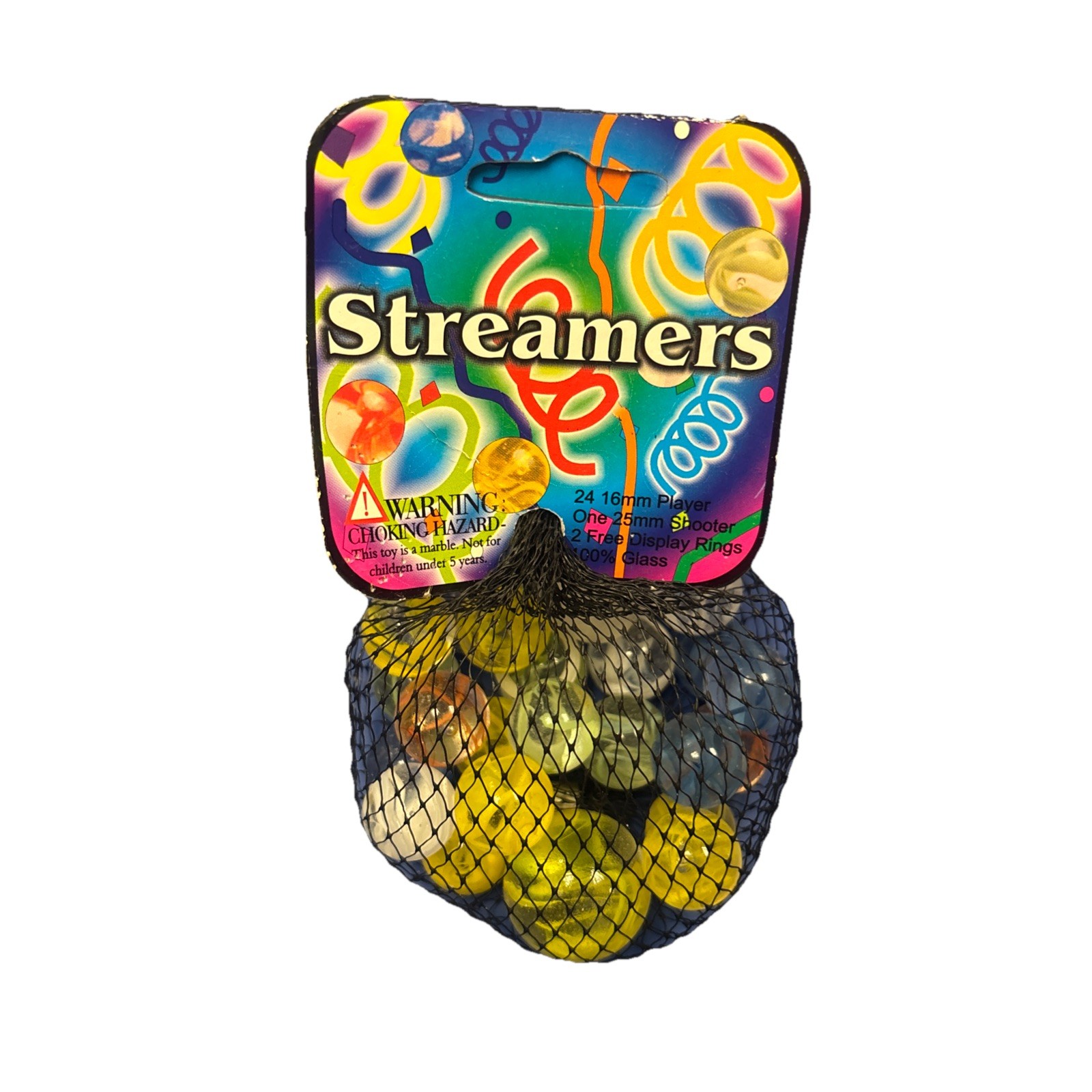 Net Bag 25 “Streamers” Glass Mega Marbles 24 Players & 1 Shooter Ribbons