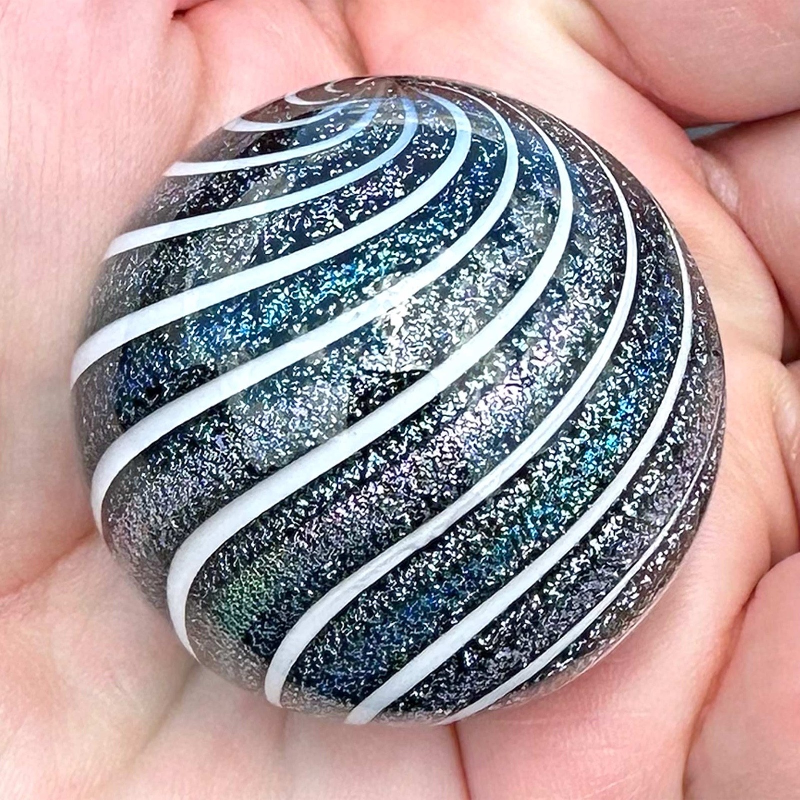 Hot House Glass Dichroic banded swirl marble 1.77″ 45mm #437