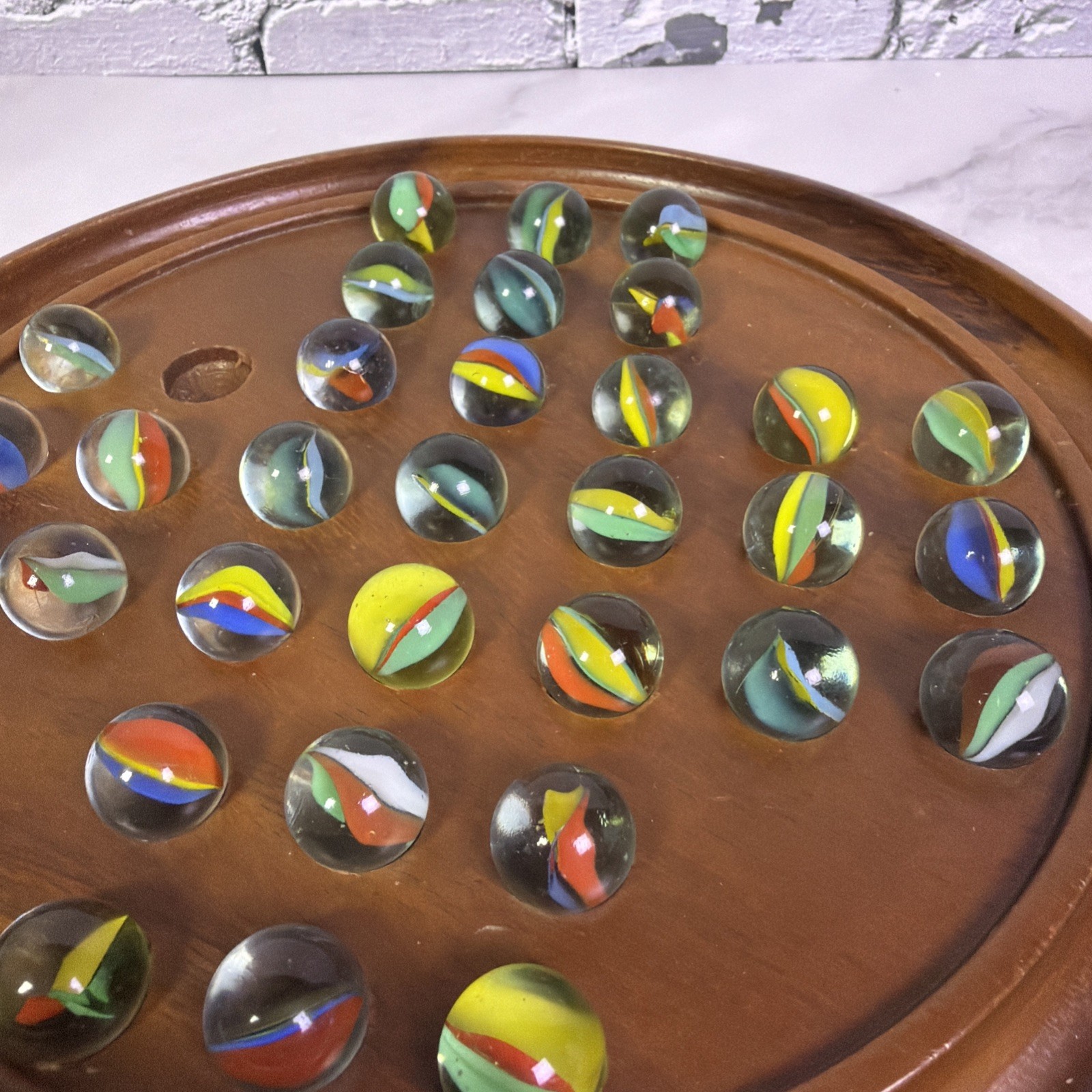 VTG Multi-Color Marbles Akro/Agate/Vitro? 32 Marbles & Wooden Solitaire Board