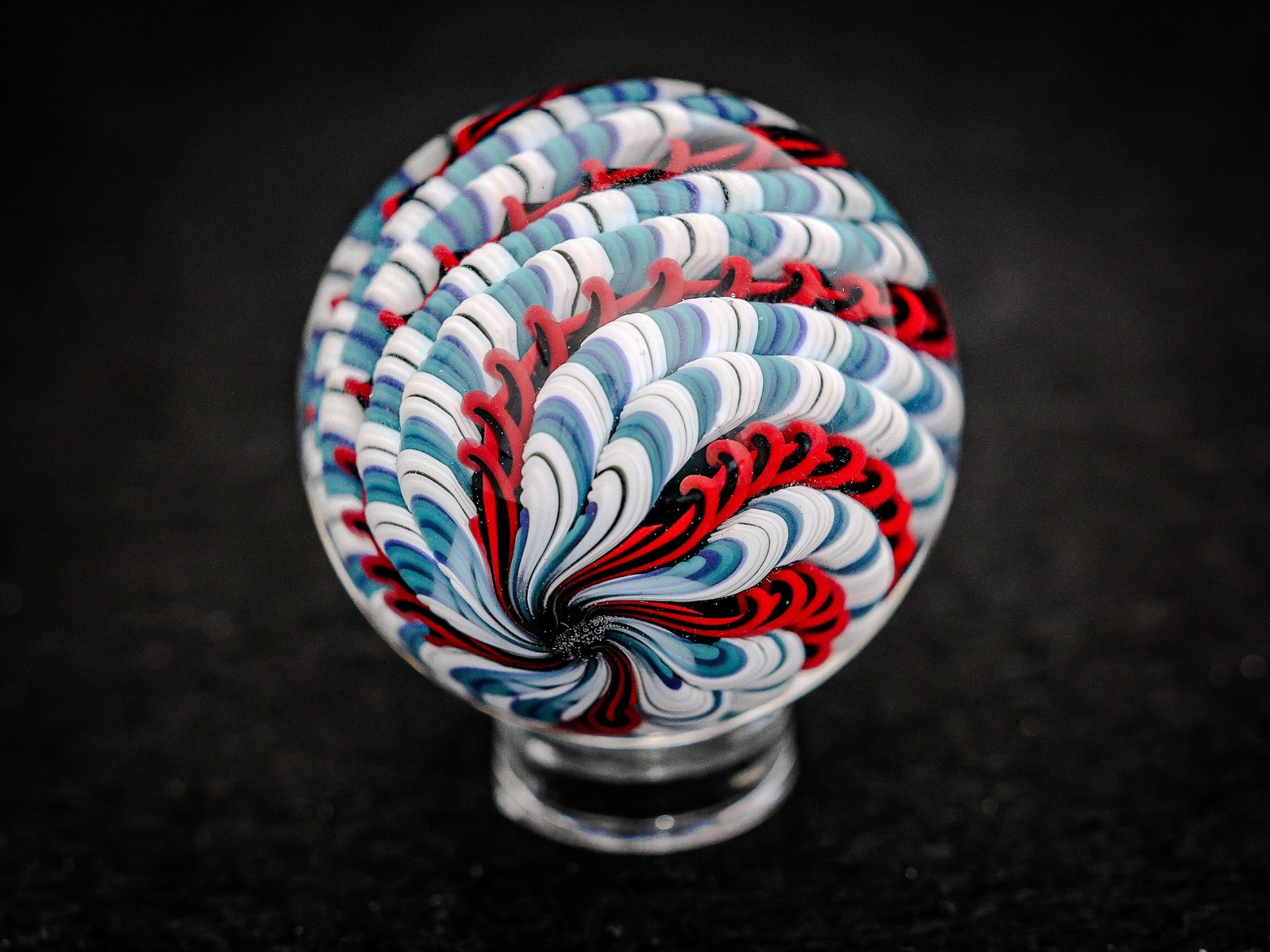 Bryan Trillas Glass Marble/Filigree Cane/Red White Blue Black Teal/1.45 inch
