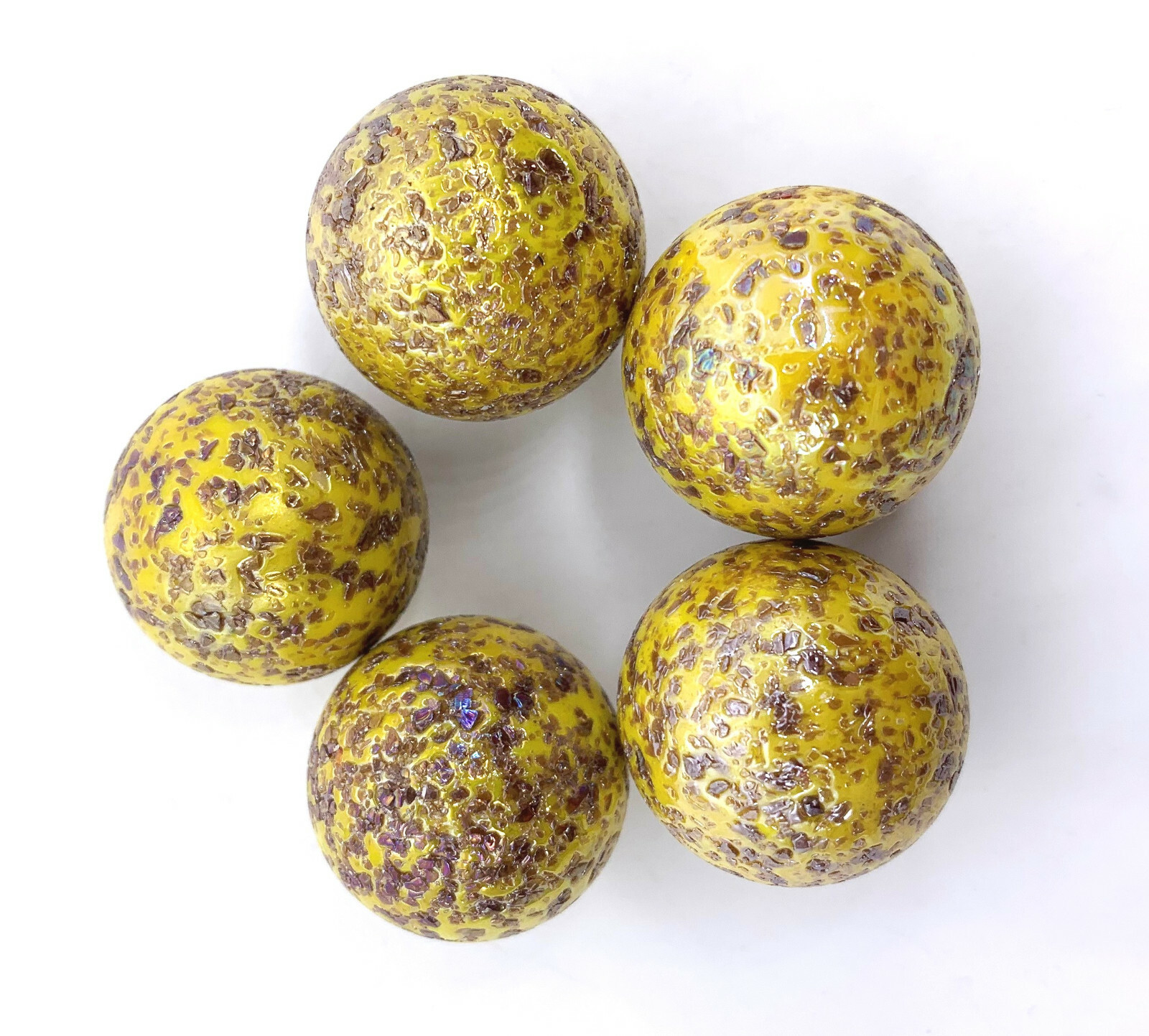 25mm Blowfish 1″ Shooter Glass Marbles Pk 5 Iridescent Yellow w Brown Frit Chips