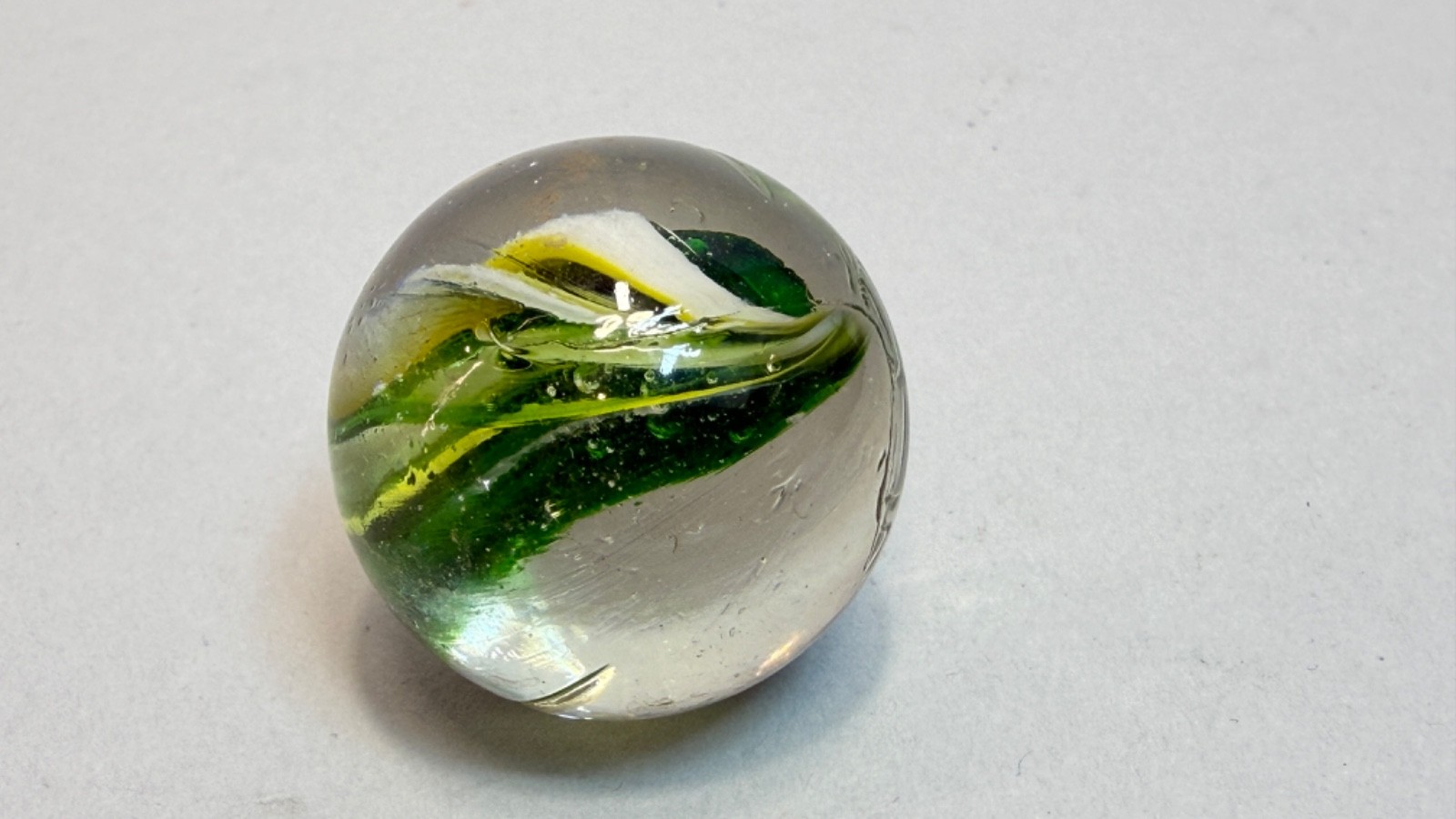 German Blown Glass Marble Naked Razor Single Divided Ribbon Green White 1.1”