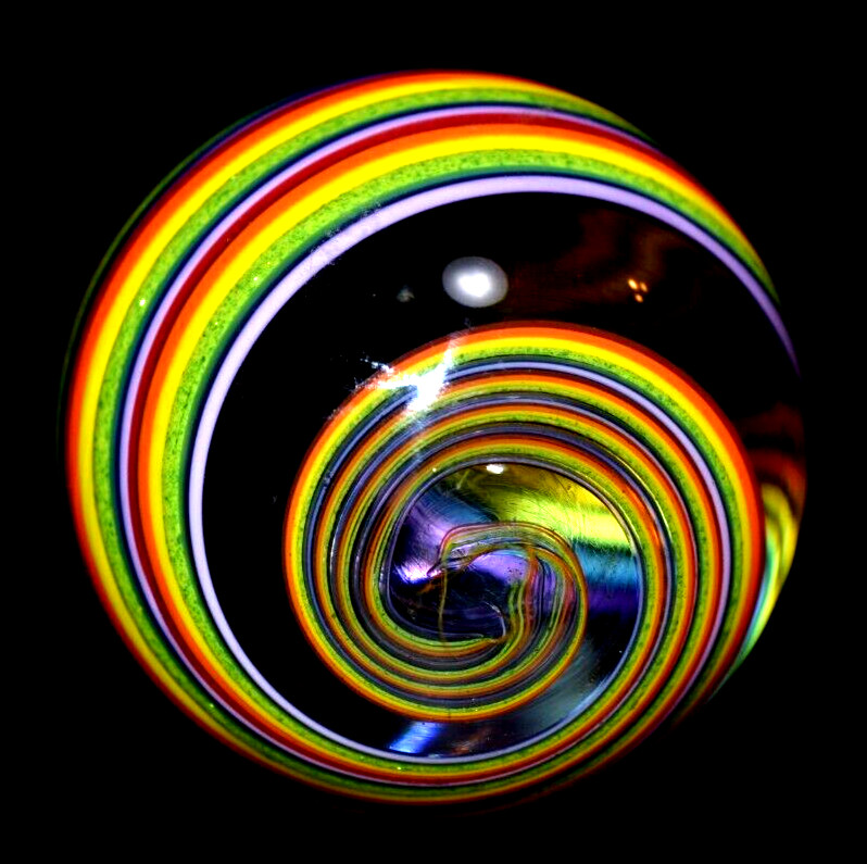JOHN GIBBONS GLASS MARBLE/2.038″-SIMPLY A PERFECT RAINBOW-CRIMSON,ORANGE,GR.LUTZ