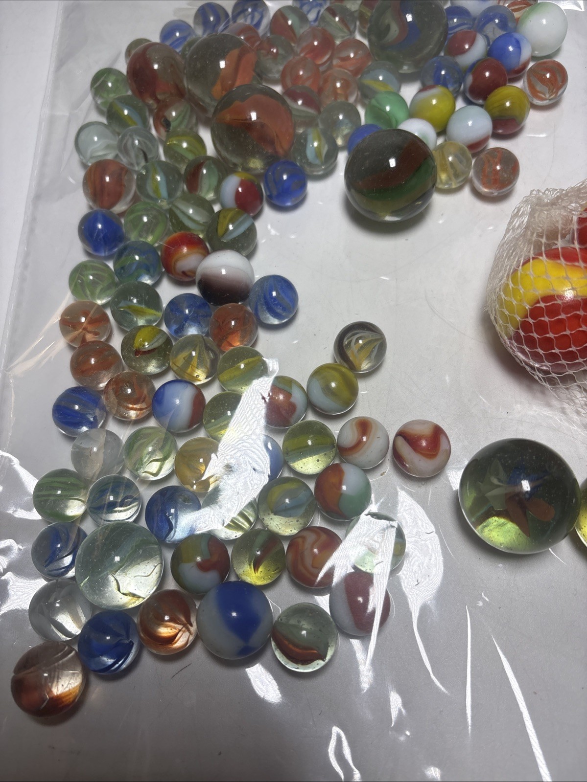 Vintage Marble Mixed Lot Various Sizes Colors Marbles Leather Pouch