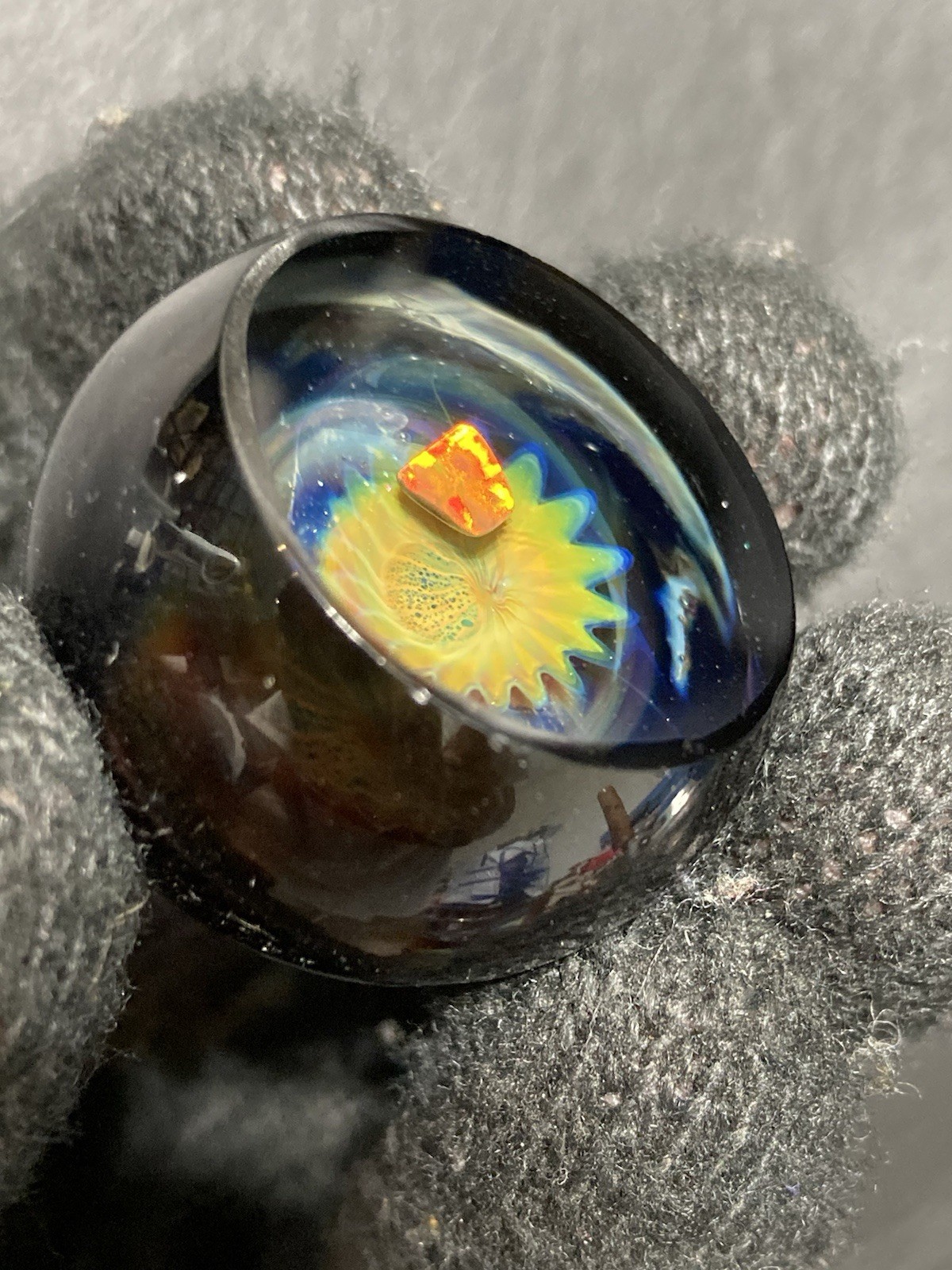Glass Boro Space Marble 33mm W/ Opal Stone Hand Made Art W/ Faceted ￼Sculpture