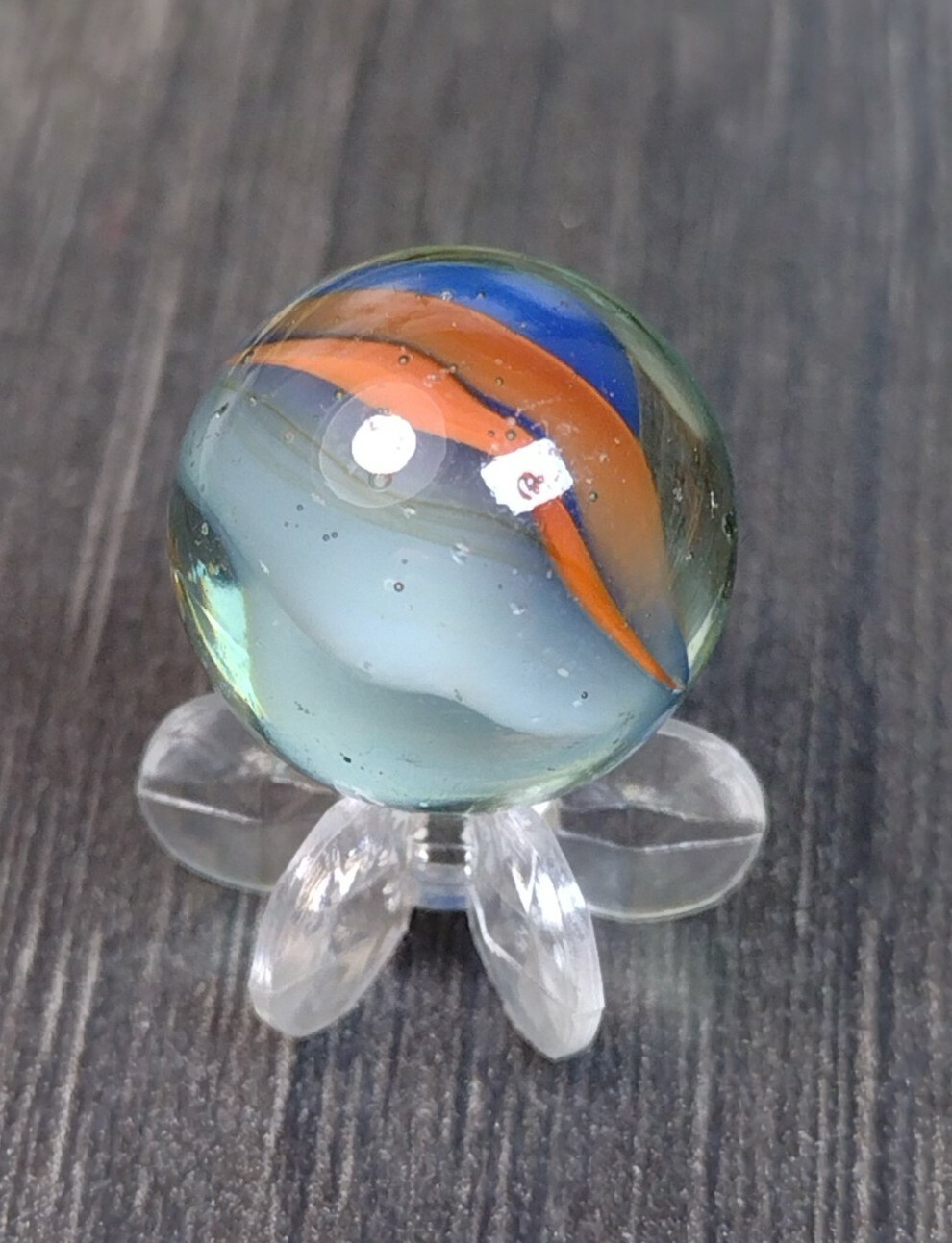 Peach & Blue Cat eye Six Vane Tri-Color .62″ Japan Foreign VINTAGE MARBLE