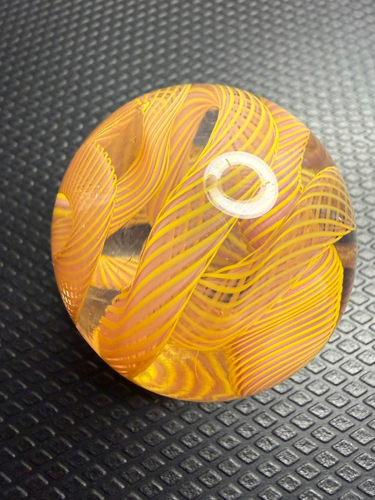 Francis Coupal 1.91″ Contemporary Handmade Art Glass Marble Yellow Ribbon Swirl