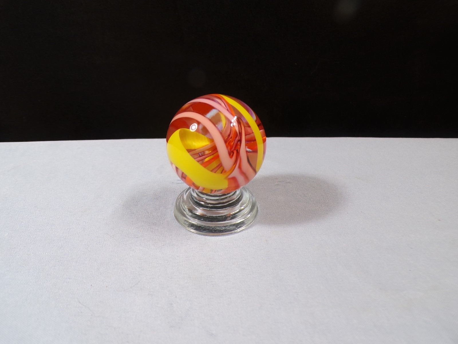 Bobbie Seese Contemporary Pink Yellow Art Glass Marble 1 3/4″ w/ Glass Stand #5