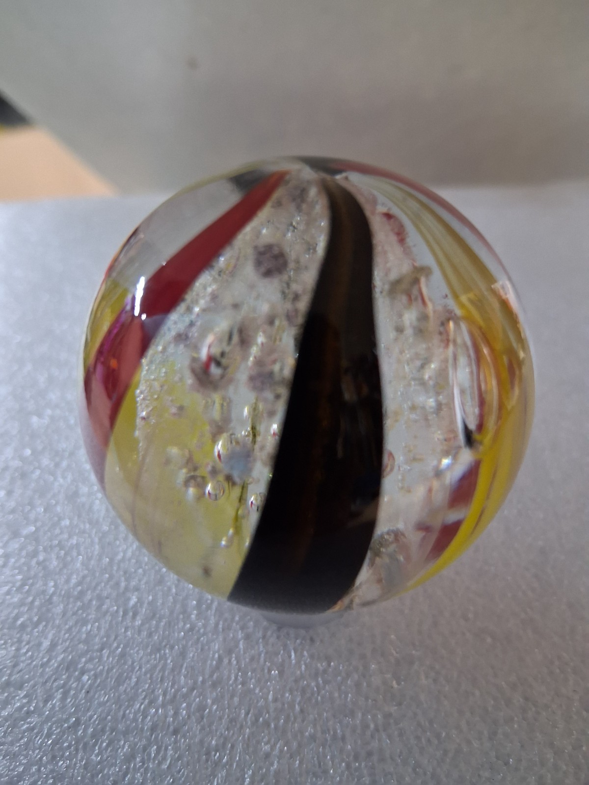 Marble Swirl Red Yellow Black W/Bubbles 1.72 Dia 4oz Very Nice