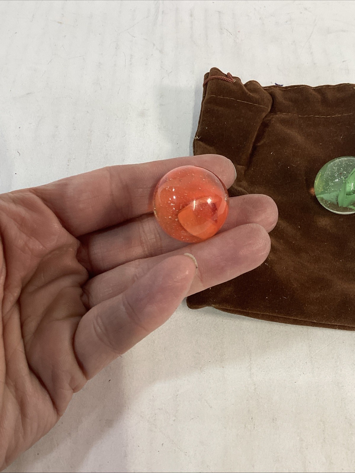 Vintage Lot of 3 Large Glass Shooter Marbles With Pouch