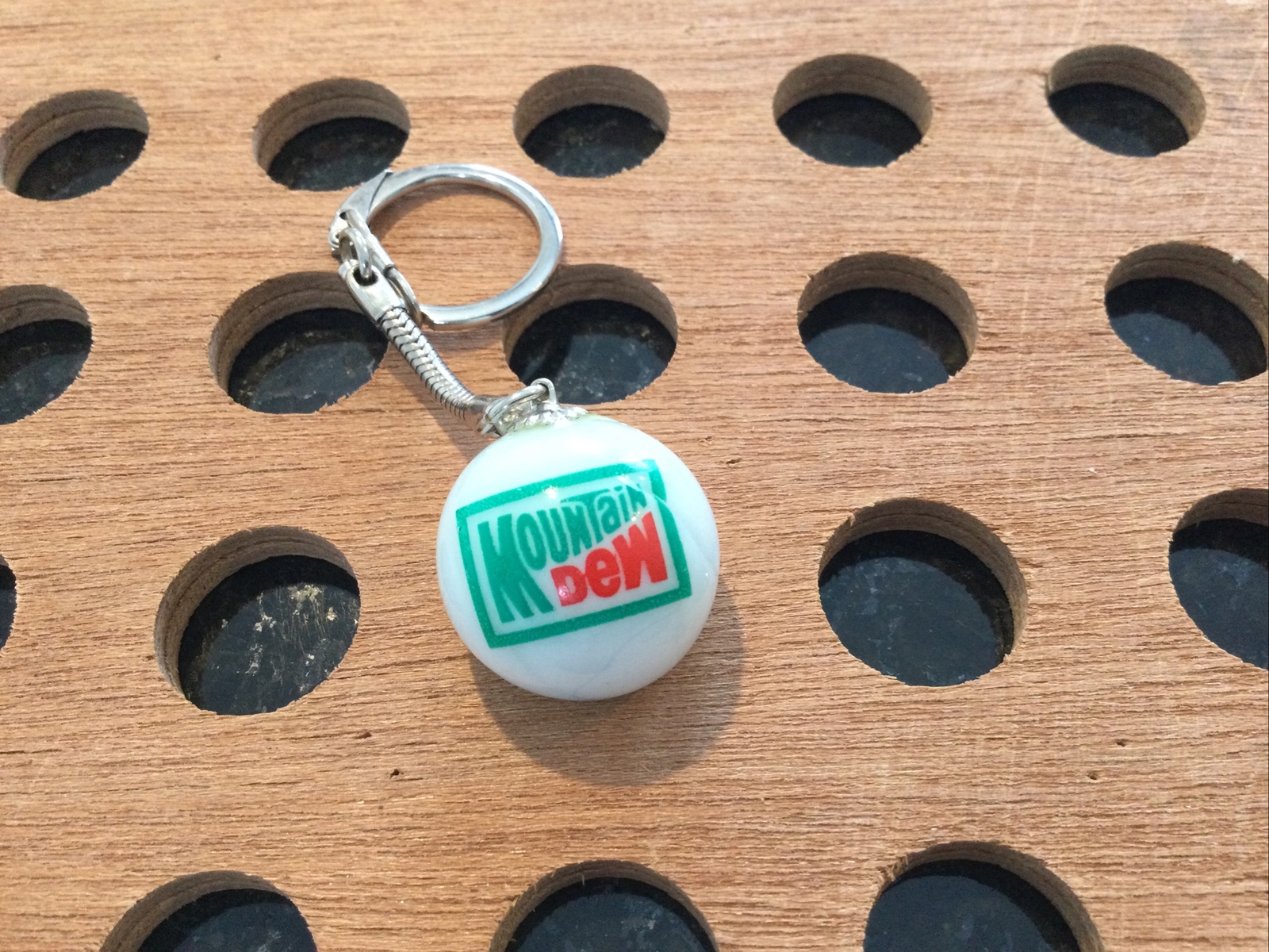 Vintage | Mountain Dew Marble Keychain | White, Green, and Red | 1998