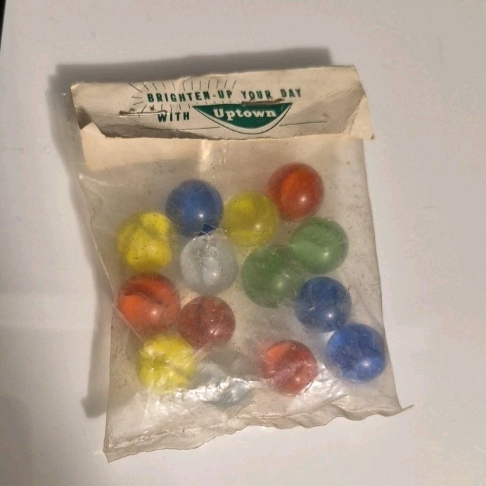 VTG 1960s Uptown Marbles Sealed Bag 5 UV Glow Uranium Glass Playtime Sales