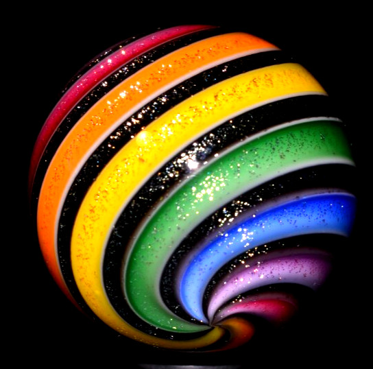 HOT HOUSE GLASS MARBLE/1.480″-RAINBOW & BLACK DICHROIC-YELLOW,LIME,BLUE,RED+