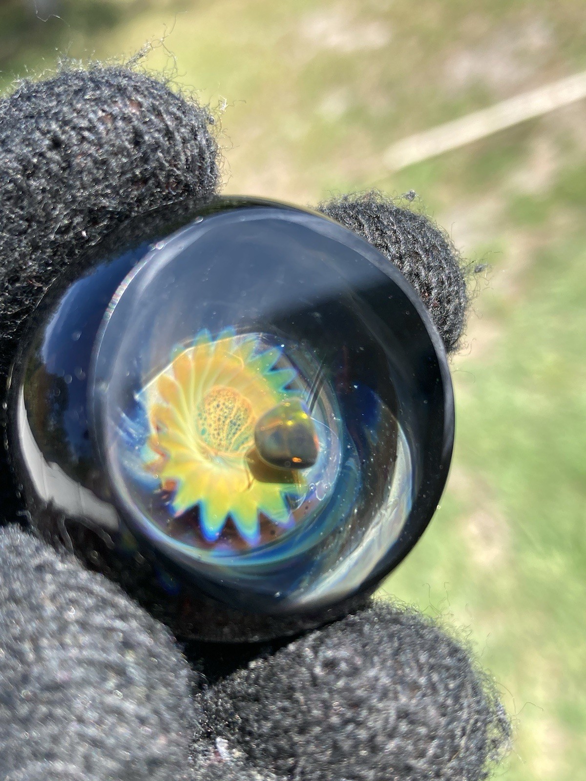 Glass Boro Space Marble 33mm W/ Opal Stone Hand Made Art W/ Faceted ￼Sculpture