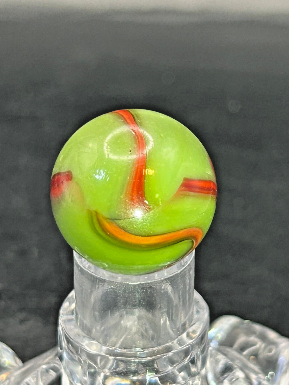 Vintage Peltier NLR Flaming Dragon Marble, Green Base/Red Ribbons, .79″, Mint, #