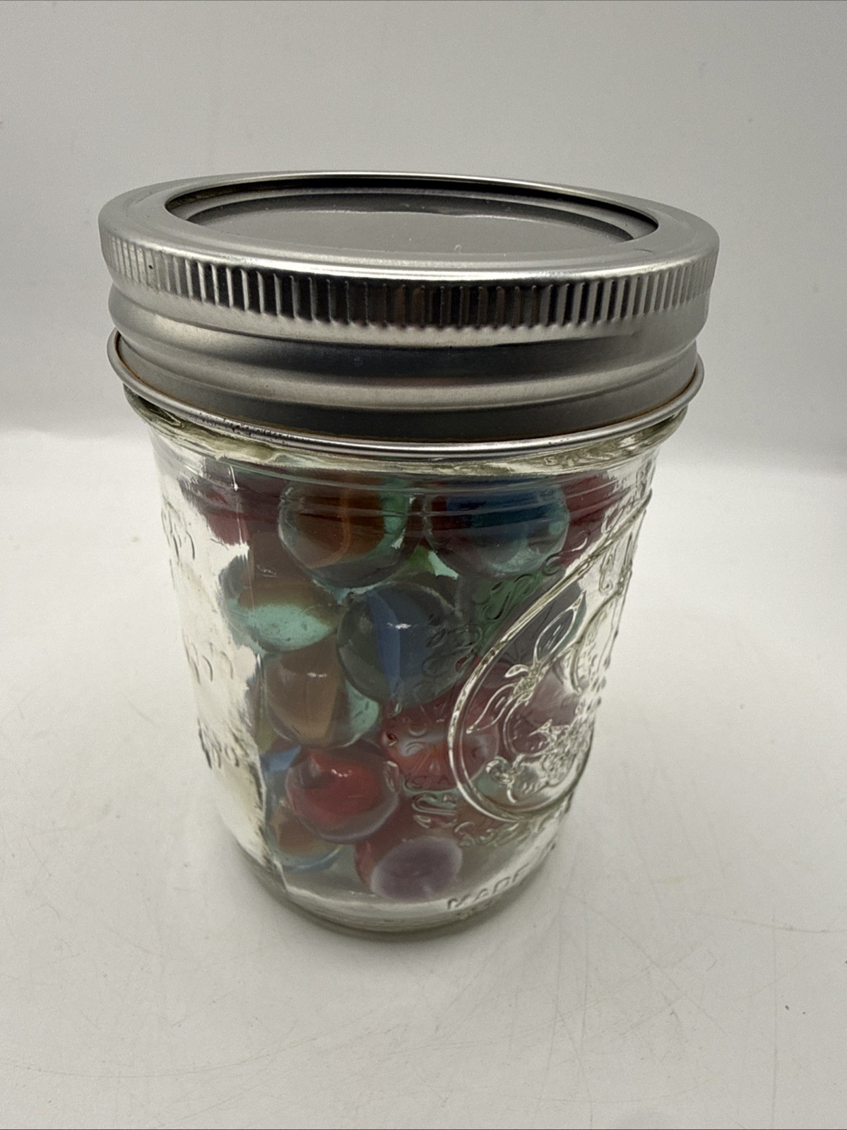 Assorted Vintage Marbles in Small Glass Mason Jar, Asst 50 As Seen Pics