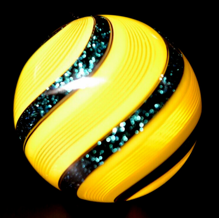 HOT HOUSE GLASS MARBLE/1.712″-SUNFLOWER W/TURQUOISE BANDED FINE LINER #319-FAST