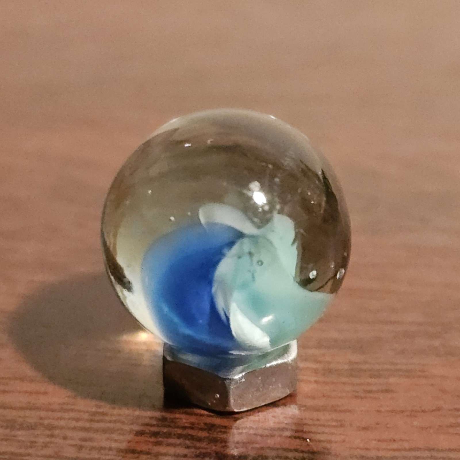 Vintage Dark Blue Light Blue Thru-White 6-Vein Cats Eye .592″ Glass Marble