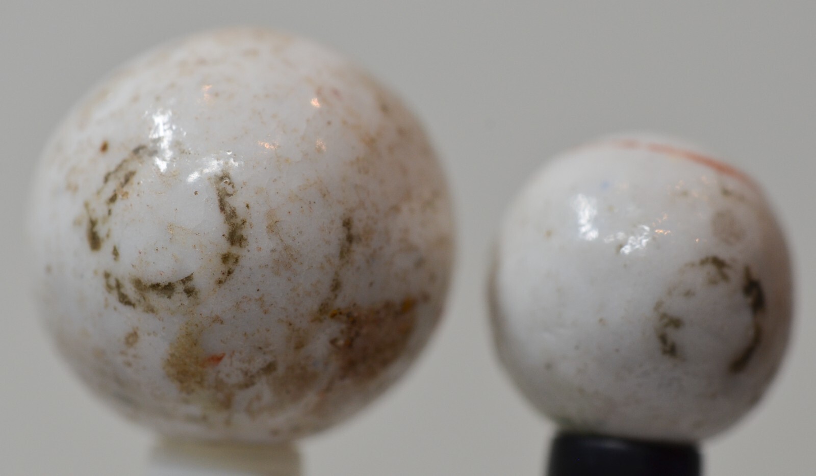 Pair of Handmade Bull’s Eye Glazed China Marbles, 0.84 & 0.62 in, Germany, S1500
