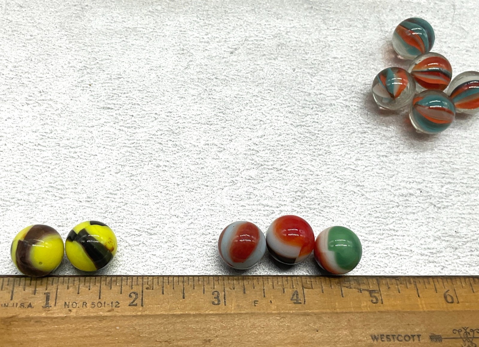 Lot 10 Vintage Swirl Marbles Opaque Milk Glass & Clear w/ Blue, Orange & White