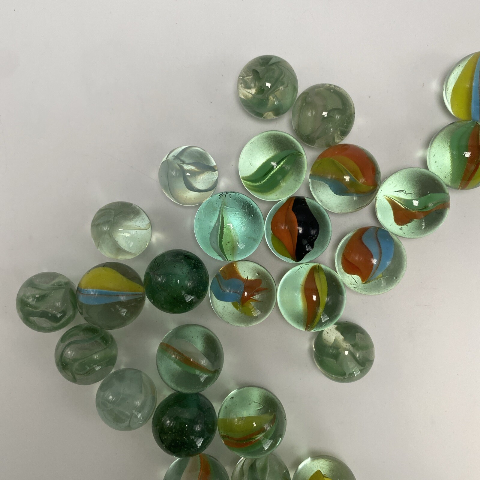 Lot Of 26 Cat’s Eye Glass Marbles Yellow Green Blue Orange White Assorted Sizes